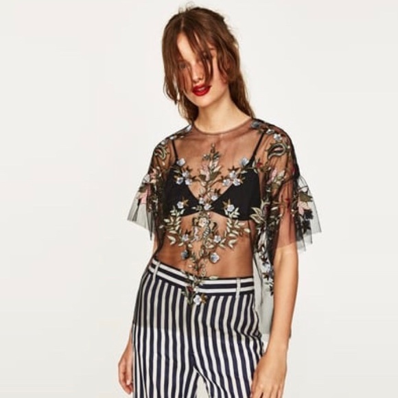 Zara Tops - Zara embroidered tulle top